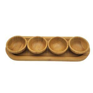 Pampered Chef Bamboo Serving Tray with 4 Dipping Bowls